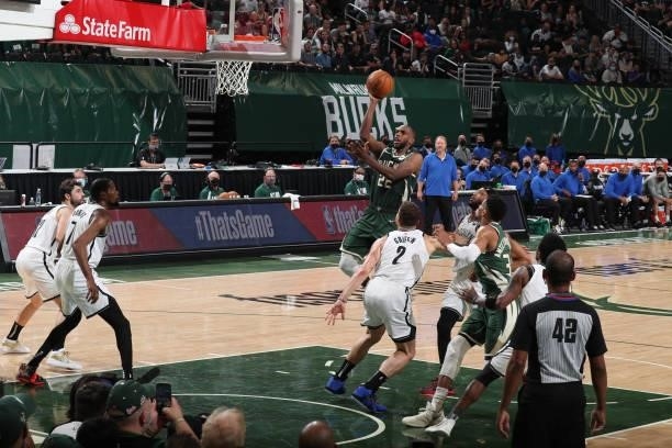 Khris Middleton of the Milwaukee Bucks shoots the ball against the Brooklyn Nets during Round 2, Game 3 of the 2021 NBA Playoffs on June 10, 2021 at...