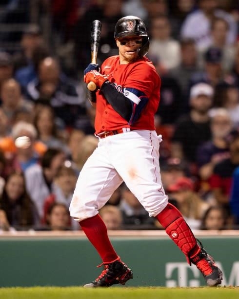 Christian Vazquez of the Boston Red Sox is hit by a pitch to drive in a run during the sixth inning of a game against the Houston Astros on June 10,...