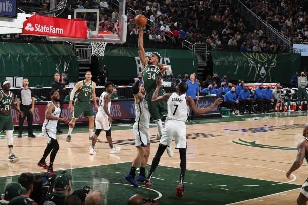 Giannis Antetokounmpo of the Milwaukee Bucks dunks the ball against the Brooklyn Nets during Round 2, Game 3 of the 2021 NBA Playoffs on June 10,...