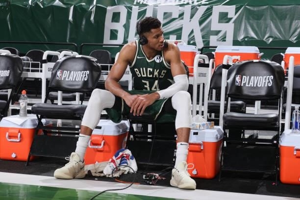 Giannis Antetokounmpo of the Milwaukee Bucks interviews after the game against the Brooklyn Nets during Round 2, Game 3 of the 2021 NBA Playoffs on...