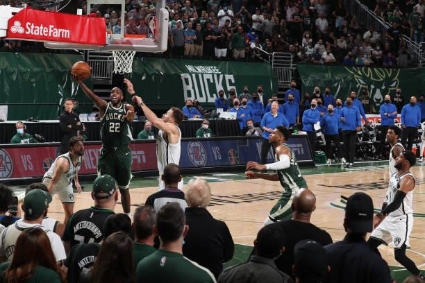 Khris Middleton of the Milwaukee Bucks drives to the basket against the Brooklyn Nets during Round 2, Game 3 of the 2021 NBA Playoffs on June 10,...