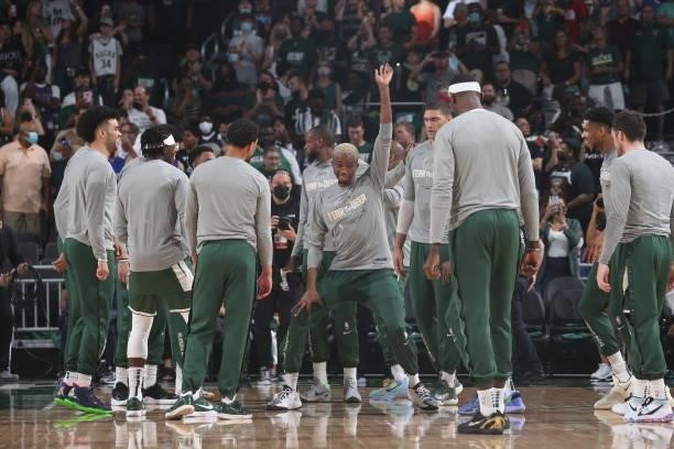 The Milwaukee Bucks huddle up prior to a game against the Brooklyn Nets during Round 2, Game 3 of the 2021 NBA Playoffs on June 10, 2021 at the...