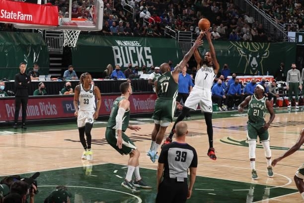 Kevin Durant of the Brooklyn Nets shoots the ball against the Milwaukee Bucks during Round 2, Game 3 of the 2021 NBA Playoffs on June 10, 2021 at the...