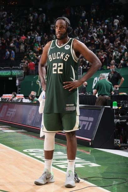 Khris Middleton of the Milwaukee Bucks interviews after the game against the Brooklyn Nets during Round 2, Game 3 of the 2021 NBA Playoffs on June...