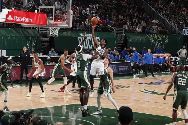 Kyrie Irving of the Brooklyn Nets shoots the ball against the Milwaukee Bucks during Round 2, Game 3 of the 2021 NBA Playoffs on June 10, 2021 at the...