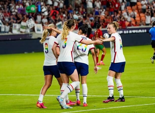 Samantha Mewis of the United States celebrates her teammates after scoring a goal against Portugal in the second half of the 2021 WNT Summer Series...