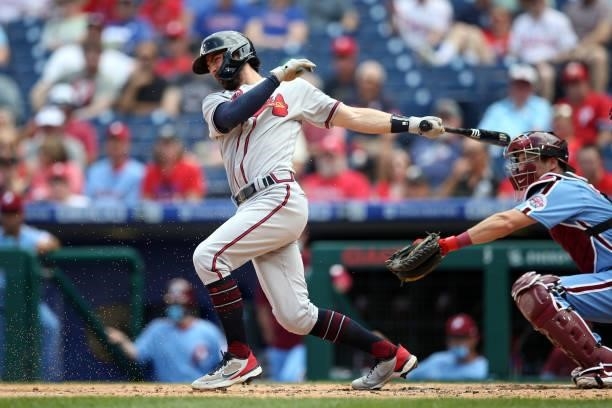 Dansby Swanson of the Atlanta Braves bats during the game between the Atlanta Braves and the Philadelphia Phillies at Citizens Bank Park on Thursday,...