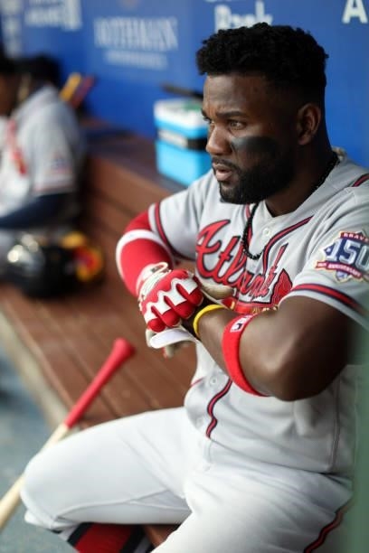 Abraham Almonte of the Atlanta Braves gets ready in the dugout during the game between the Atlanta Braves and the Philadelphia Phillies at Citizens...