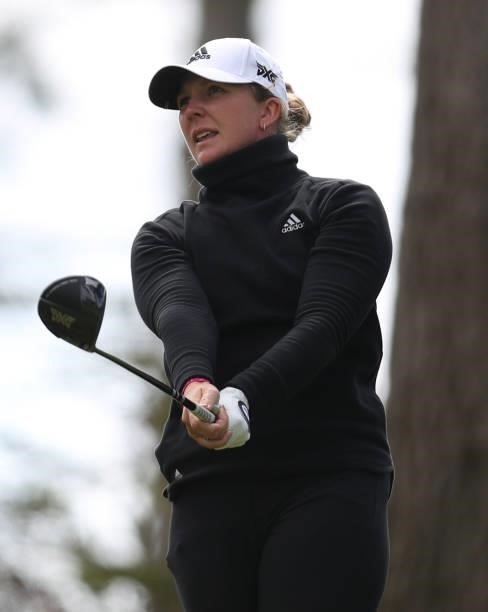Linnea Strom of Sweden tees off on the 6th hole during the first round of the LPGA Mediheal Championship at Lake Merced Golf Club on June 10, 2021 in...