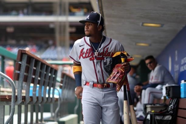 Ronald Acuña Jr. #13 of the Atlanta Braves is seen in the dugout prior to the game between the Atlanta Braves and the Philadelphia Phillies at...
