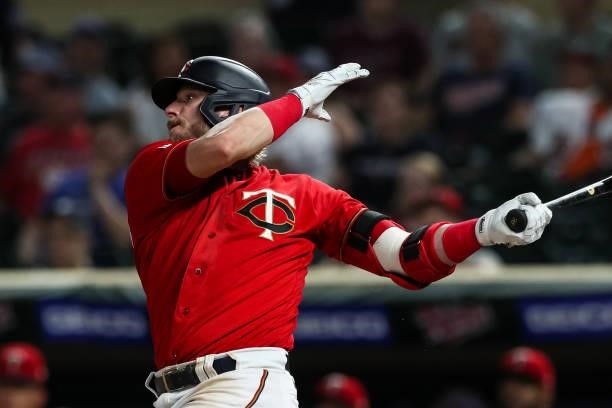 Josh Donaldson of the Minnesota Twins hits a two-run home run against the New York Yankees in the ninth inning of the game at Target Field on June...