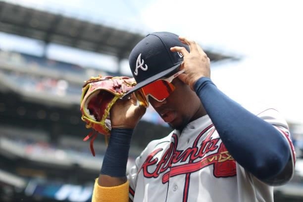 Ronald Acuña Jr. #13 of the Atlanta Braves gets ready prior to the game between the Atlanta Braves and the Philadelphia Phillies at Citizens Bank...