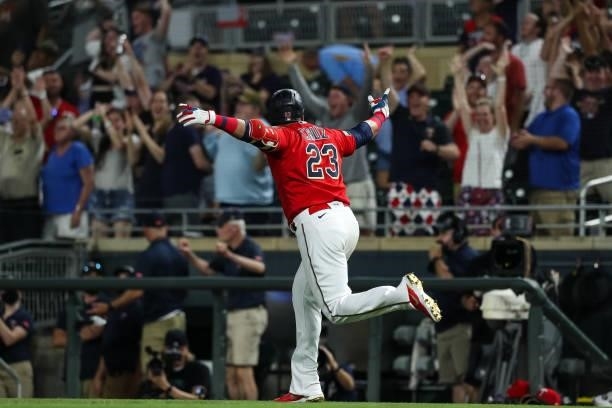 Nelson Cruz of the Minnesota Twins celebrates his two-run walk off home run against the New York Yankees in the ninth inning of the game at Target...