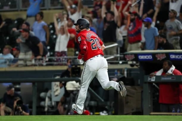 Josh Donaldson of the Minnesota Twins rounds the bases after hitting a two-run home run against the New York Yankees in the ninth inning of the game...