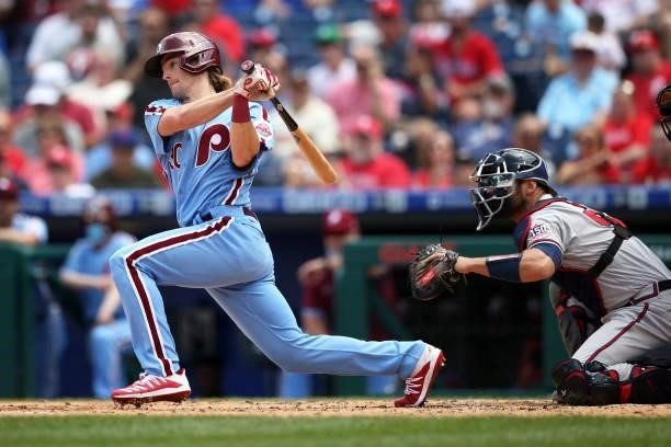Luke Williams of the Philadelphia Phillies bats during the game between the Atlanta Braves and the Philadelphia Phillies at Citizens Bank Park on...