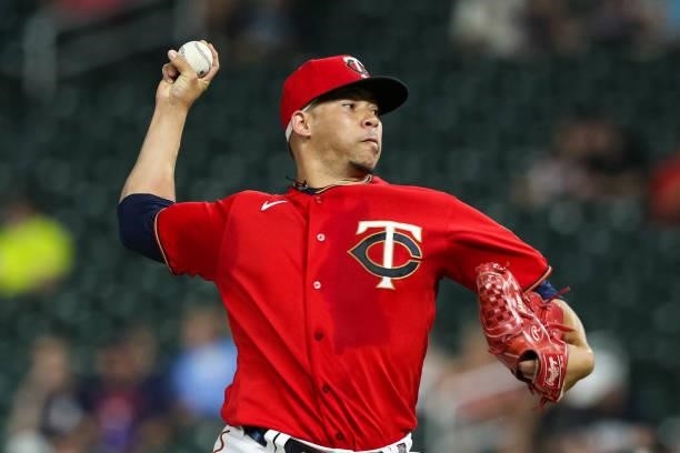 Hansel Robles of the Minnesota Twins delivers a pitch against the New York Yankees in the ninth inning of the game at Target Field on June 10, 2021...