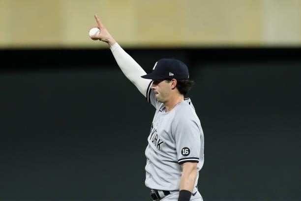 Tyler Wade of the New York Yankees celebrates after tagging Gilberto Celestino of the Minnesota Twins out at second base in the eighth inning of the...