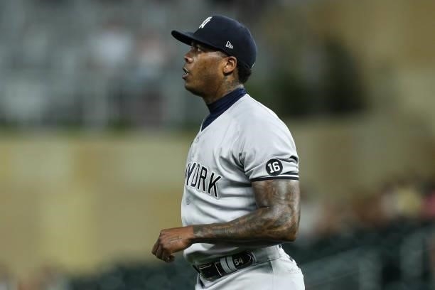 Aroldis Chapman of the New York Yankees looks on before pitching to the Minnesota Twins in the ninth inning of the game at Target Field on June 10,...