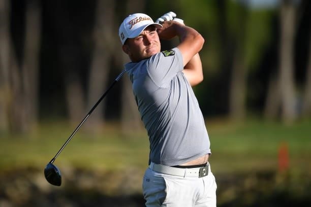Oliver Lindell of Finland tees off on the second hole during Day Two of the Challenge de Cadiz at Iberostar Real Club de Golf Novo Sancti Petri on...
