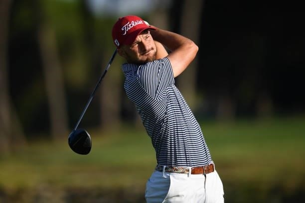 Marco Iten of Switzerland tees off on the second hole during Day Two of the Challenge de Cadiz at Iberostar Real Club de Golf Novo Sancti Petri on...
