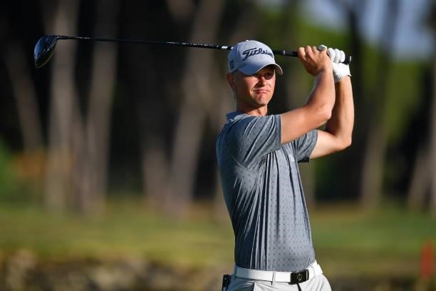 Christopher Sahlstrom of Sweden tees off on the second hole during Day Two of the Challenge de Cadiz at Iberostar Real Club de Golf Novo Sancti Petri...