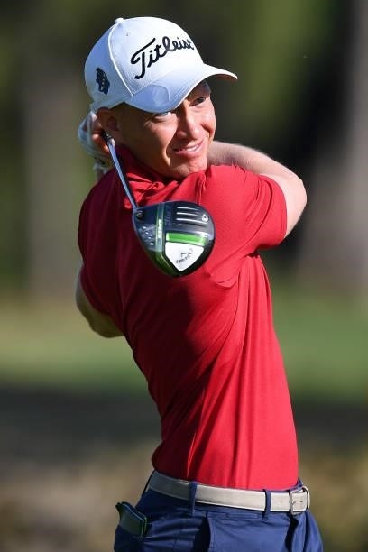 Simon Forsstrom of Sweden tees off on the second hole during Day Two of the Challenge de Cadiz at Iberostar Real Club de Golf Novo Sancti Petri on...
