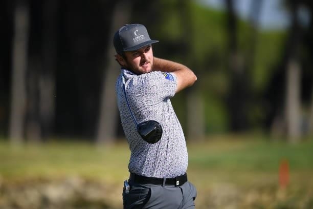 Damien Perrier of France tees off on the second hole during Day Two of the Challenge de Cadiz at Iberostar Real Club de Golf Novo Sancti Petri on...