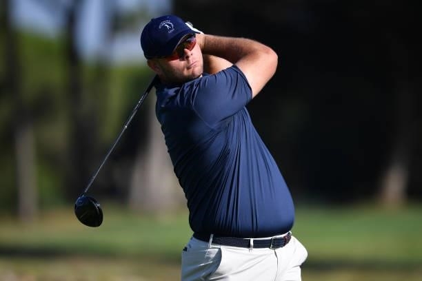 Jonathan Thomson of England tees off on the second hole during Day Two of the Challenge de Cadiz at Iberostar Real Club de Golf Novo Sancti Petri on...