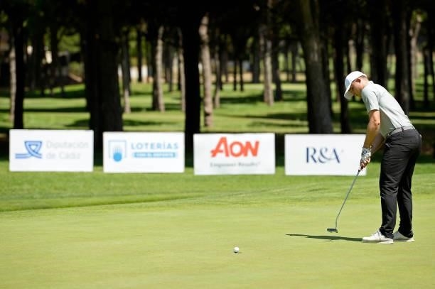 Kristof Ulenaers of Belgium plays his third shot on the eighteen hole during Day Two of the Challenge de Cadiz at Iberostar Real Club de Golf Novo...