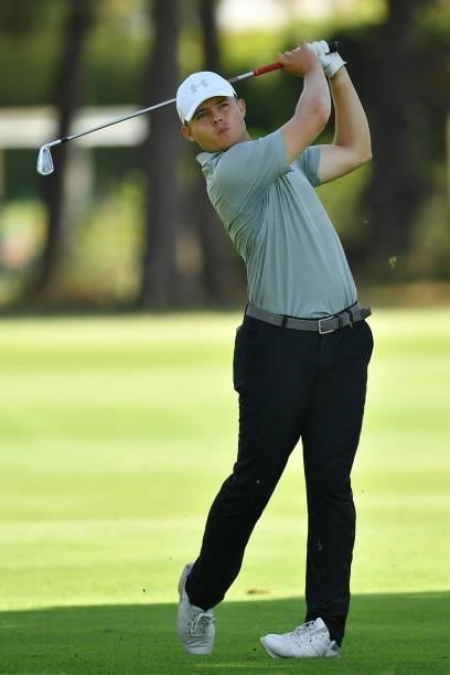 Kristof Ulenaers of Belgium plays his second shot on the seventeen hole during Day Two of the Challenge de Cadiz at Iberostar Real Club de Golf Novo...