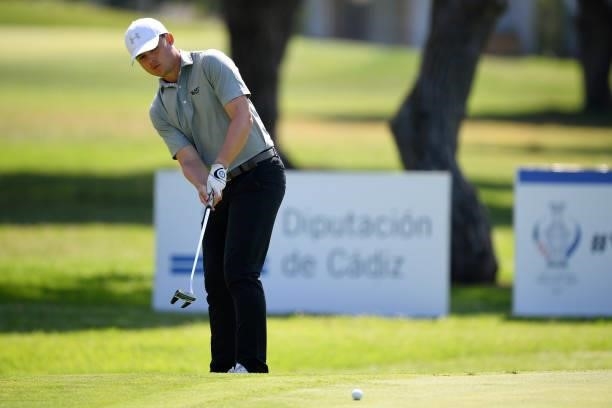 Kristof Ulenaers of Belgium plays his second shot on the fifteen hole during Day Two of the Challenge de Cadiz at Iberostar Real Club de Golf Novo...
