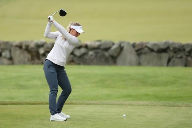 Emily Pedersen of Denmark tees off during the second round of The Scandinavian Mixed Hosted by Henrik and Annika at Vallda Golf & Country Club on...