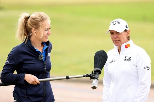 Annika Sorenstam of Sweden is interviewed by Iona Stephen during the second round of The Scandinavian Mixed Hosted by Henrik and Annika at Vallda...