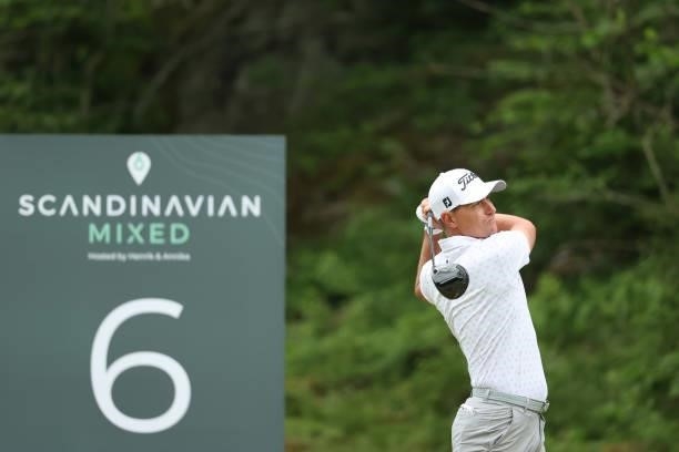 Jason Scrivener of Australia tees off on the 6th hole during the second round of The Scandinavian Mixed Hosted by Henrik and Annika at Vallda Golf &...