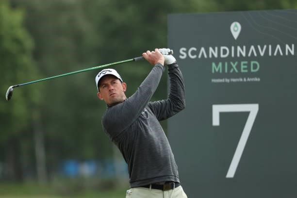 Alexander Bjork of Sweden tees off on the 7th hole during the second round of The Scandinavian Mixed Hosted by Henrik and Annika at Vallda Golf &...