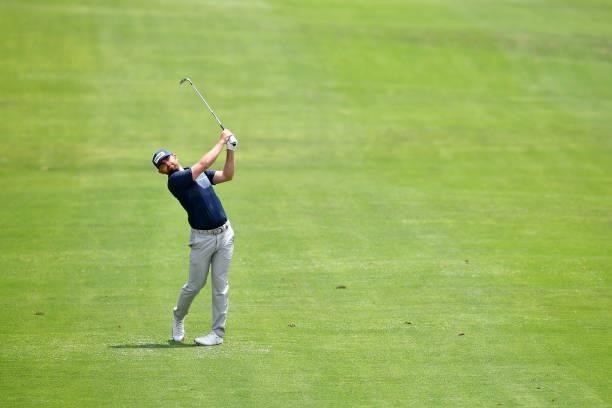 Liam Johnston of Scotland plays his third shot on the eighth hole during Day Two of the Challenge de Cadiz at Iberostar Real Club de Golf Novo Sancti...