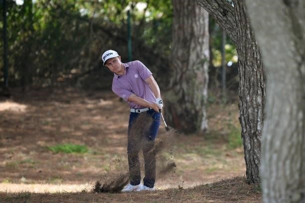 Conor Purcell of Ireland plays his third shot on the eighth hole during Day Two of the Challenge de Cadiz at Iberostar Real Club de Golf Novo Sancti...