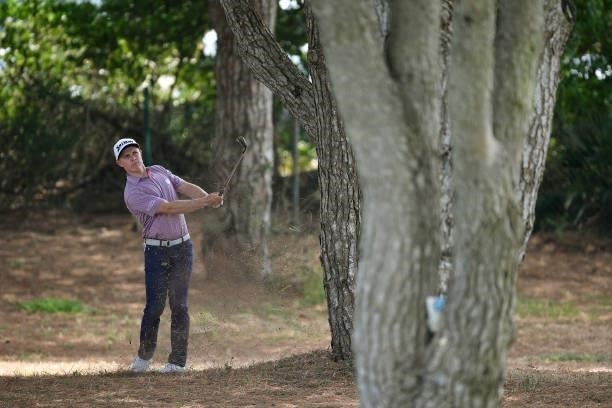 Conor Purcell of Ireland plays his third shot on the eighth hole during Day Two of the Challenge de Cadiz at Iberostar Real Club de Golf Novo Sancti...