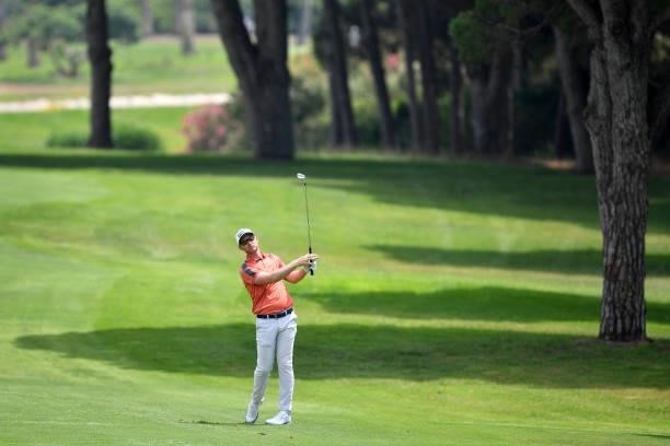 Bryce Easton of South Africa plays his third shot on the eighth hole during Day Two of the Challenge de Cadiz at Iberostar Real Club de Golf Novo...