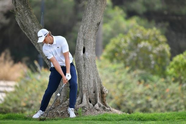 Kristoffer Reitan of Norway plays his third shot on the eighth hole during Day Two of the Challenge de Cadiz at Iberostar Real Club de Golf Novo...