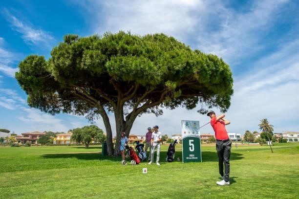 Victor Riu of France tees off on the fifth hole during Day Two of the Challenge de Cadiz at Iberostar Real Club de Golf Novo Sancti Petri on June 11,...