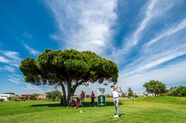 Ivan Cantero Gutierrez of Spain tees off on the fifth hole during Day Two of the Challenge de Cadiz at Iberostar Real Club de Golf Novo Sancti Petri...