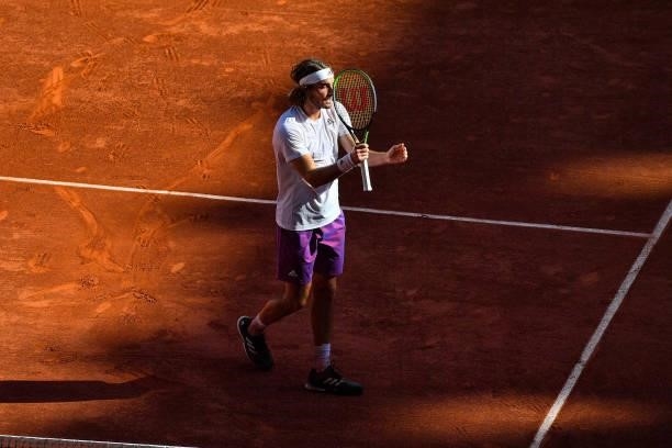 Stefanos TSITSIPAS of Greece celebrates during the ninth round of Roland Garros at Roland Garros on June 11, 2021 in Paris, France.