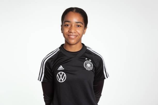Jasmine Kourdi poses during the photo session of DFB U15-Junior Girls at Sportschule Bitburg on June 11, 2021 in Bitburg, Germany.