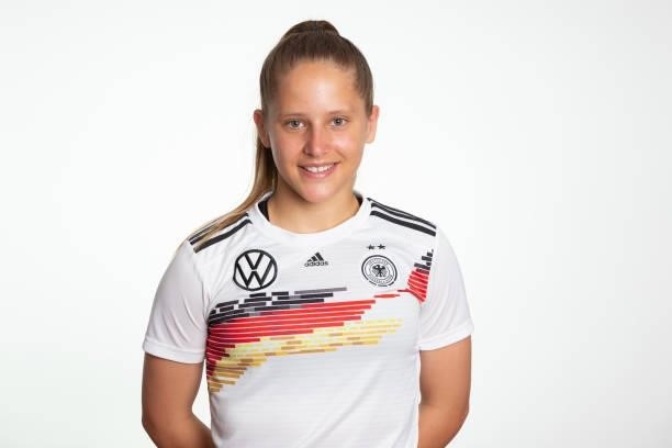 Lilith Schmidt poses during the photo session of DFB U15-Junior Girls at Sportschule Bitburg on June 11, 2021 in Bitburg, Germany.