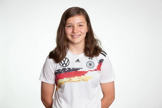 Amy Milz poses during the photo session of DFB U15-Junior Girls at Sportschule Bitburg on June 11, 2021 in Bitburg, Germany.