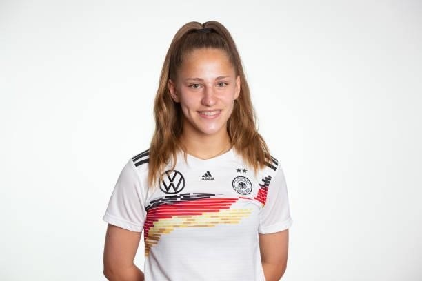 Jana Theijs poses during the photo session of DFB U15-Junior Girls at Sportschule Bitburg on June 11, 2021 in Bitburg, Germany.