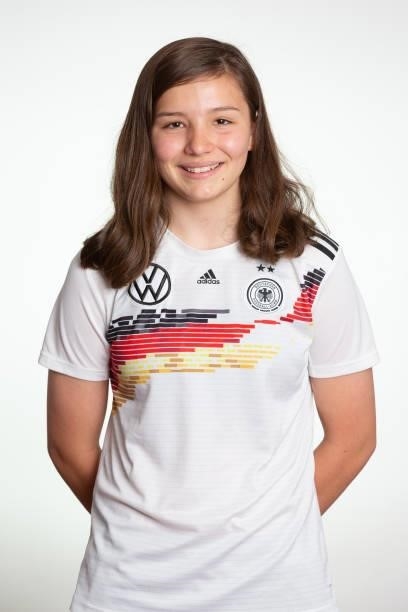 Amy Milz poses during the photo session of DFB U15-Junior Girls at Sportschule Bitburg on June 11, 2021 in Bitburg, Germany.