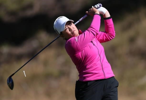 Jasmine Suwannapura of Thailand hits on the 13th hole during the first round of the LPGA Mediheal Championship at Lake Merced Golf Club on June 10,...