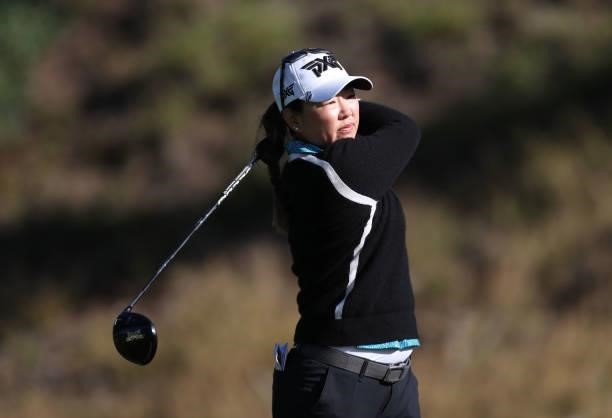 Mina Harigae of the United States hits from the 13th hole during the first round of the LPGA Mediheal Championship at Lake Merced Golf Club on June...